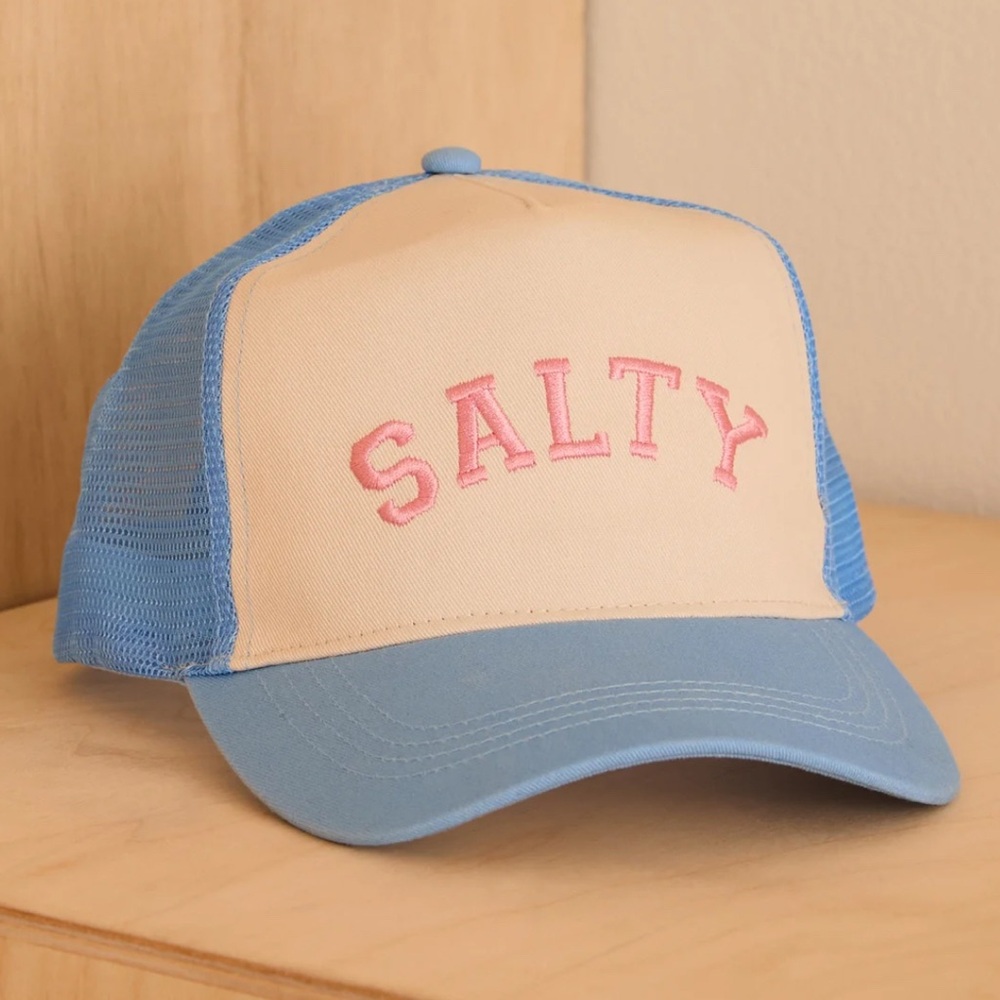 NWOT Altar’d State Blue and Cream Trucker Hat with Pink 'Salty' Embroidery